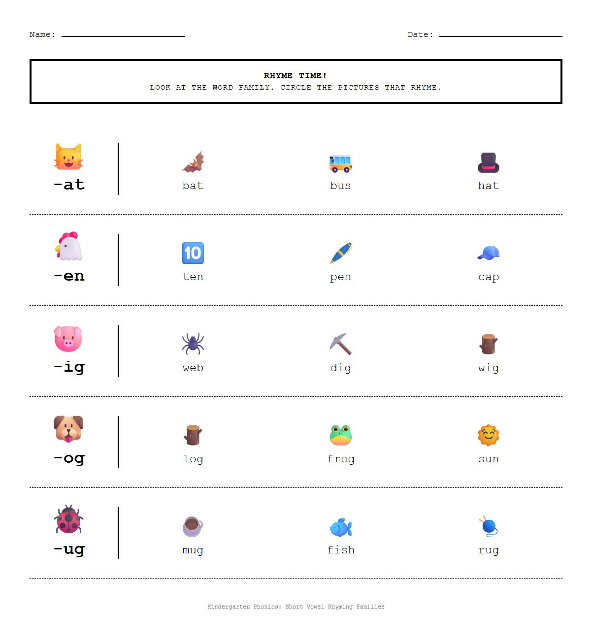 Short Vowel Rhyming Word Families Phonics Worksheet