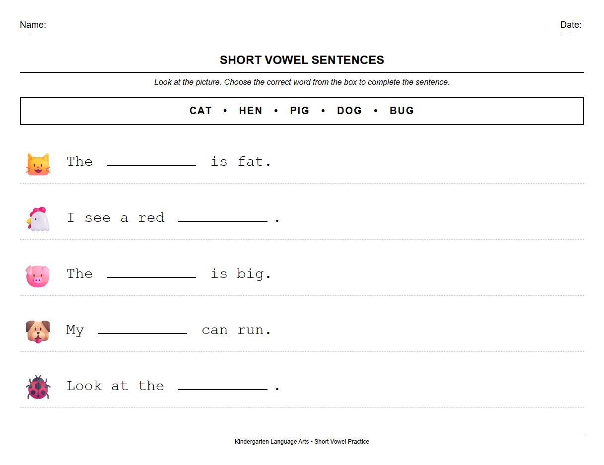 Short Vowel Sound Sentence Writing Activities