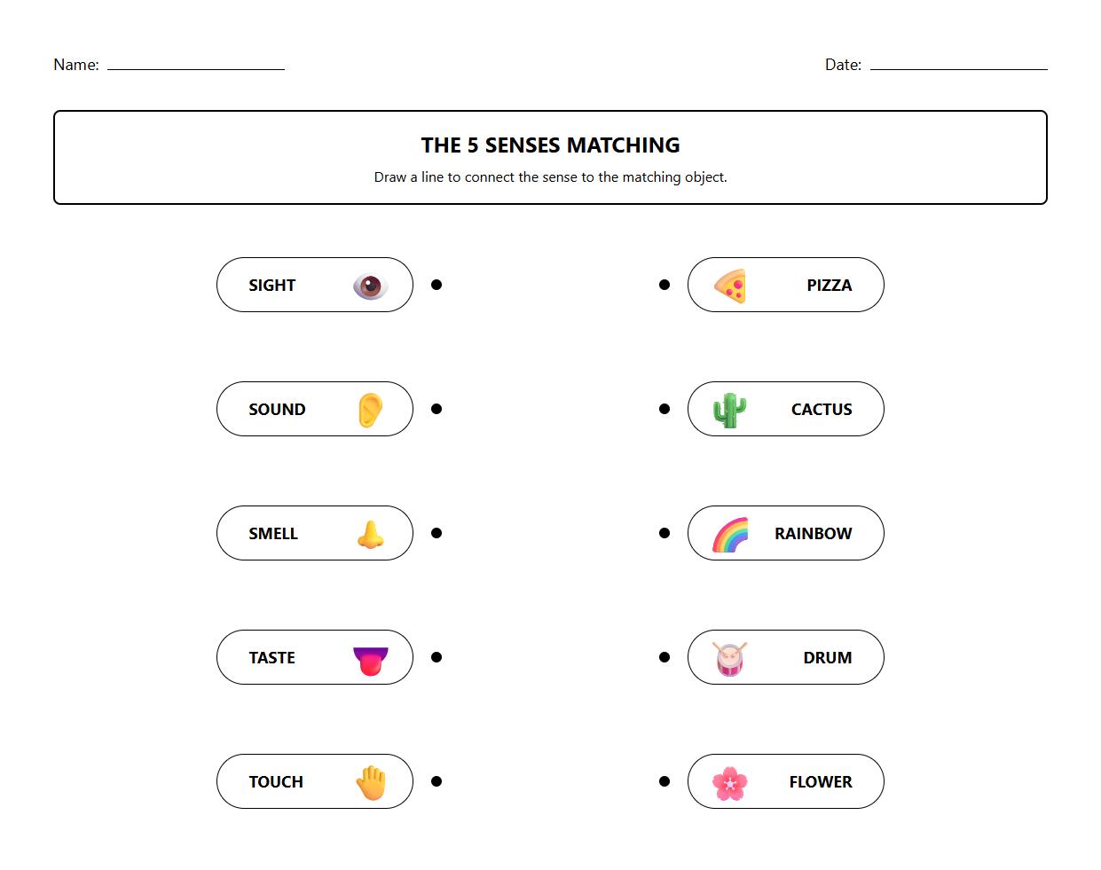 Sight Sound Smell Taste Touch Picture Matching Worksheet