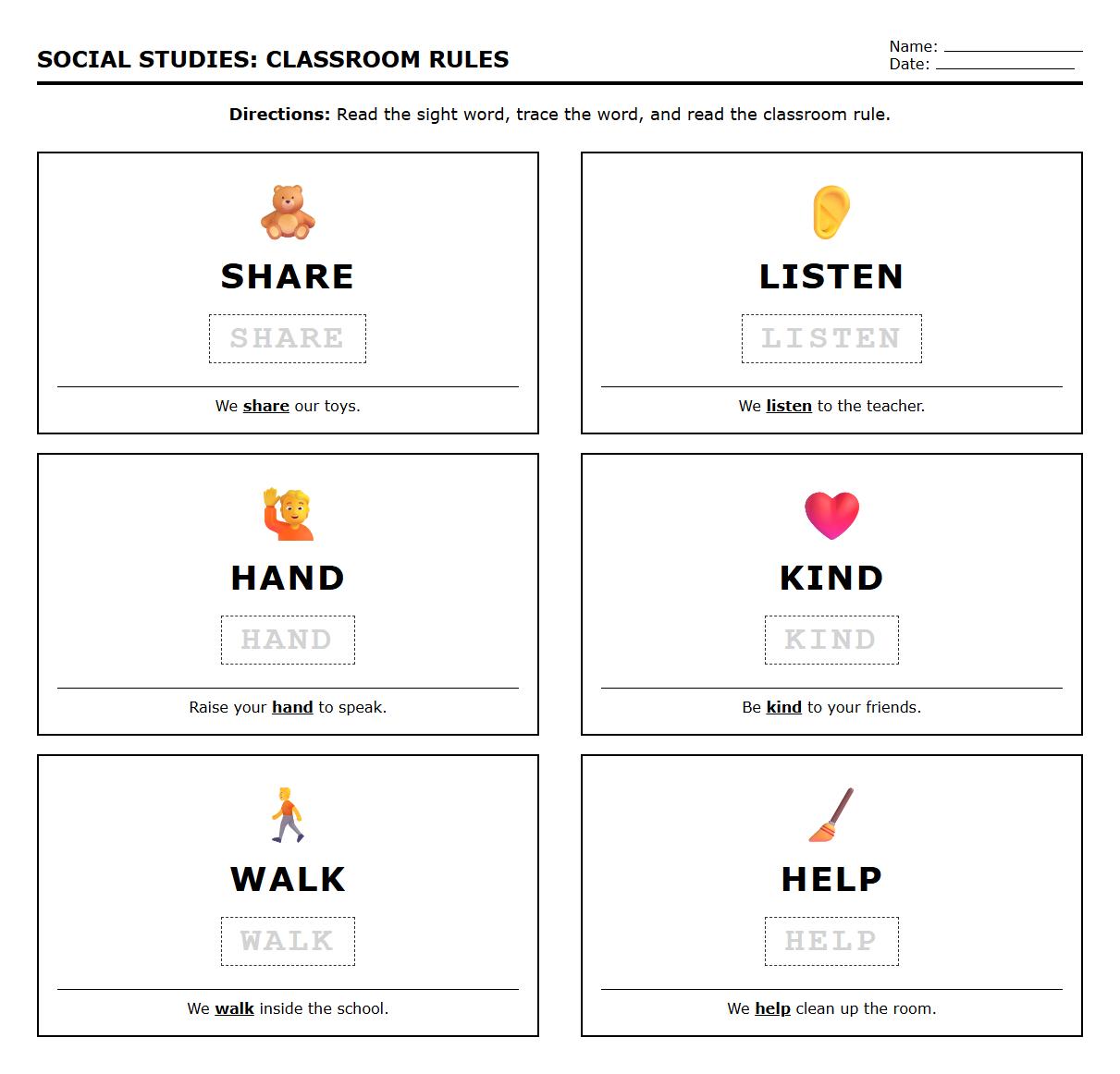 Sight Word Recognition Worksheet with Classroom Rules Applying Flashcard Method