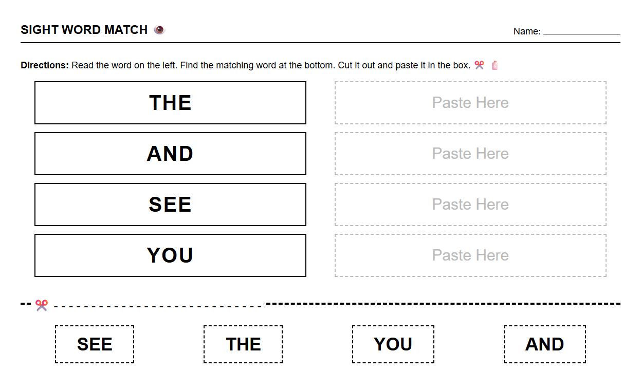Sight Word Visual Discrimination Cut and Paste