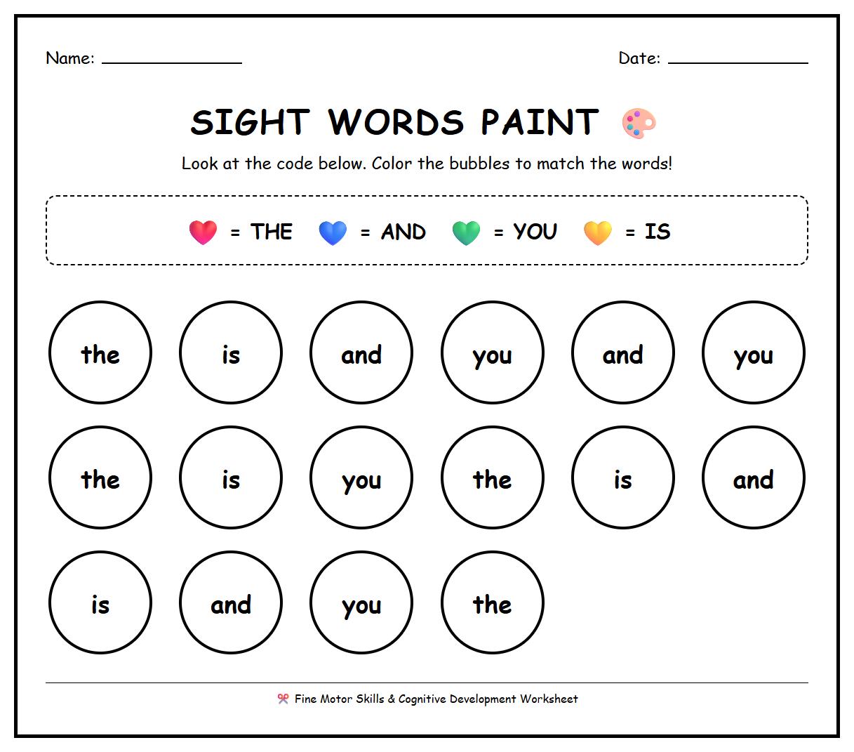 Sight Words Color Match Worksheet