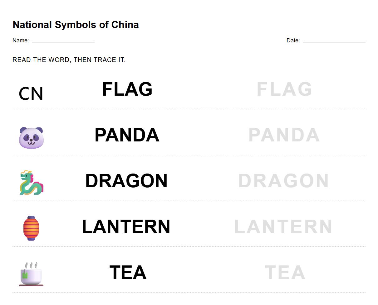 Sight words tracing worksheet using Chinese National Symbols names