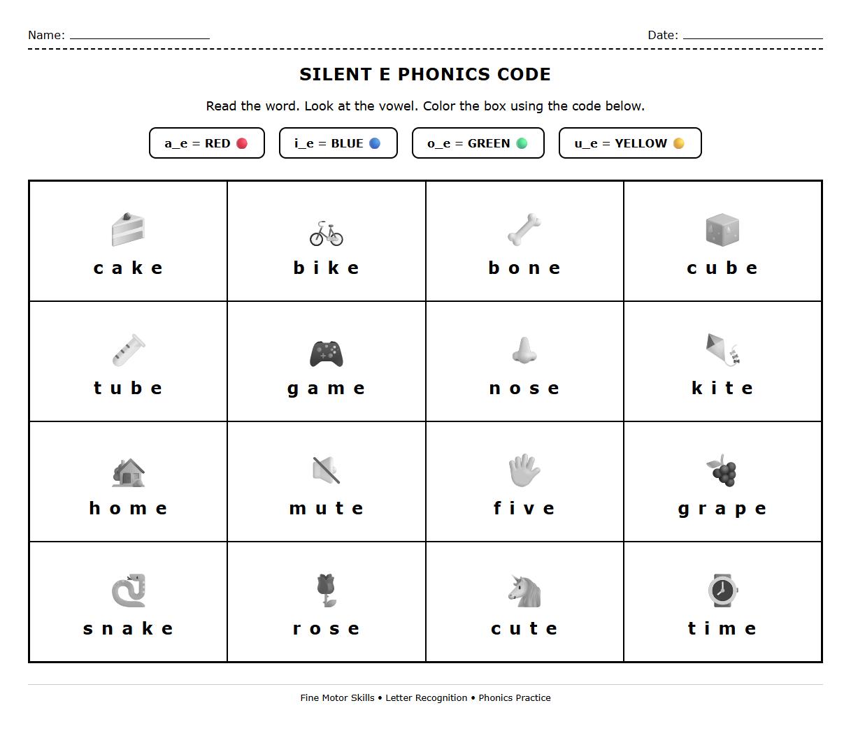 Silent E Color by Phonics Code Kindergarten Worksheet