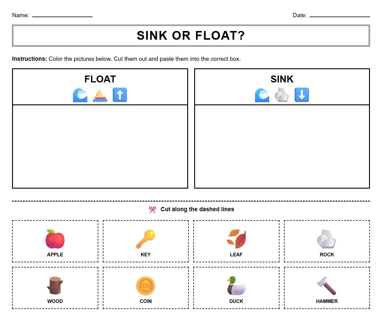 Sink or Float Coloring and Sorting Worksheet with Visual Cues