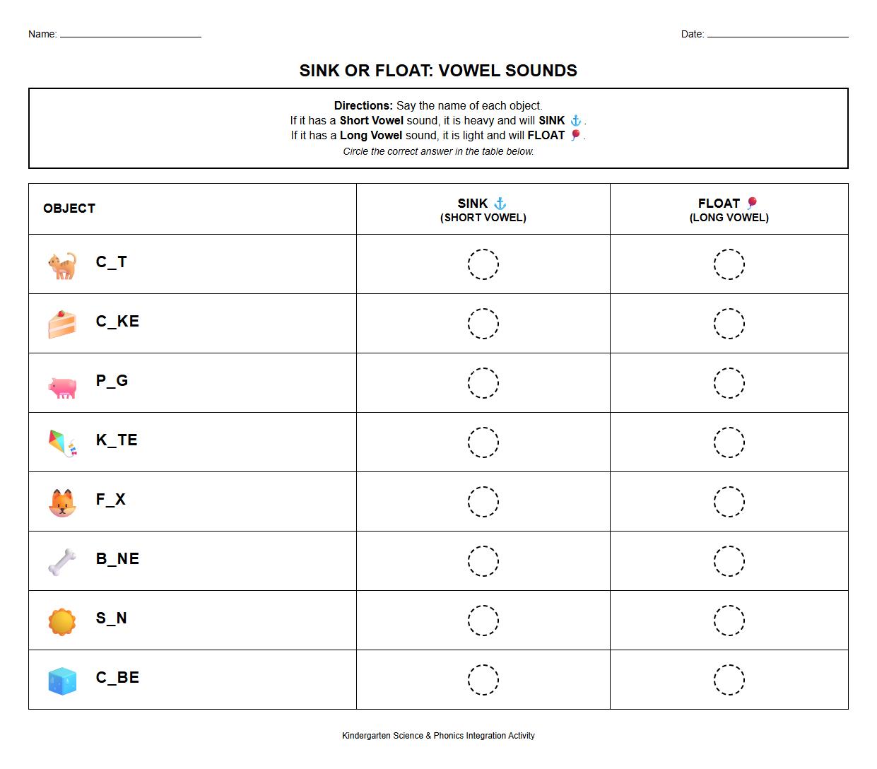 Sink or Float Long and Short Vowels Phonics Worksheet
