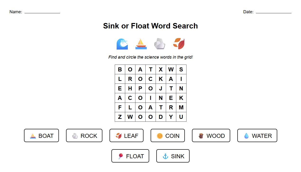 Sink or Float Word Search for Science Class