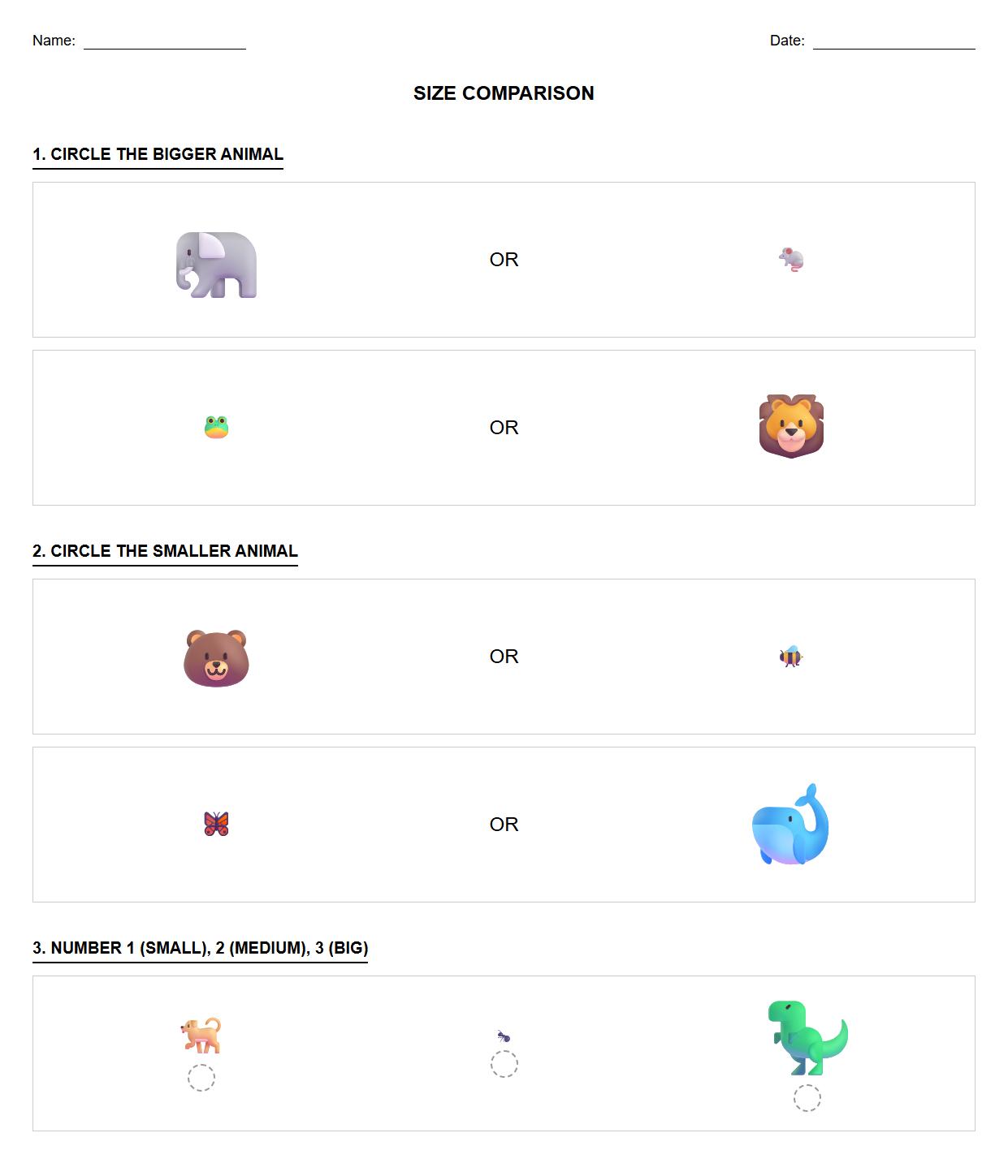 Size Comparison Activity Sheet with Animal Images