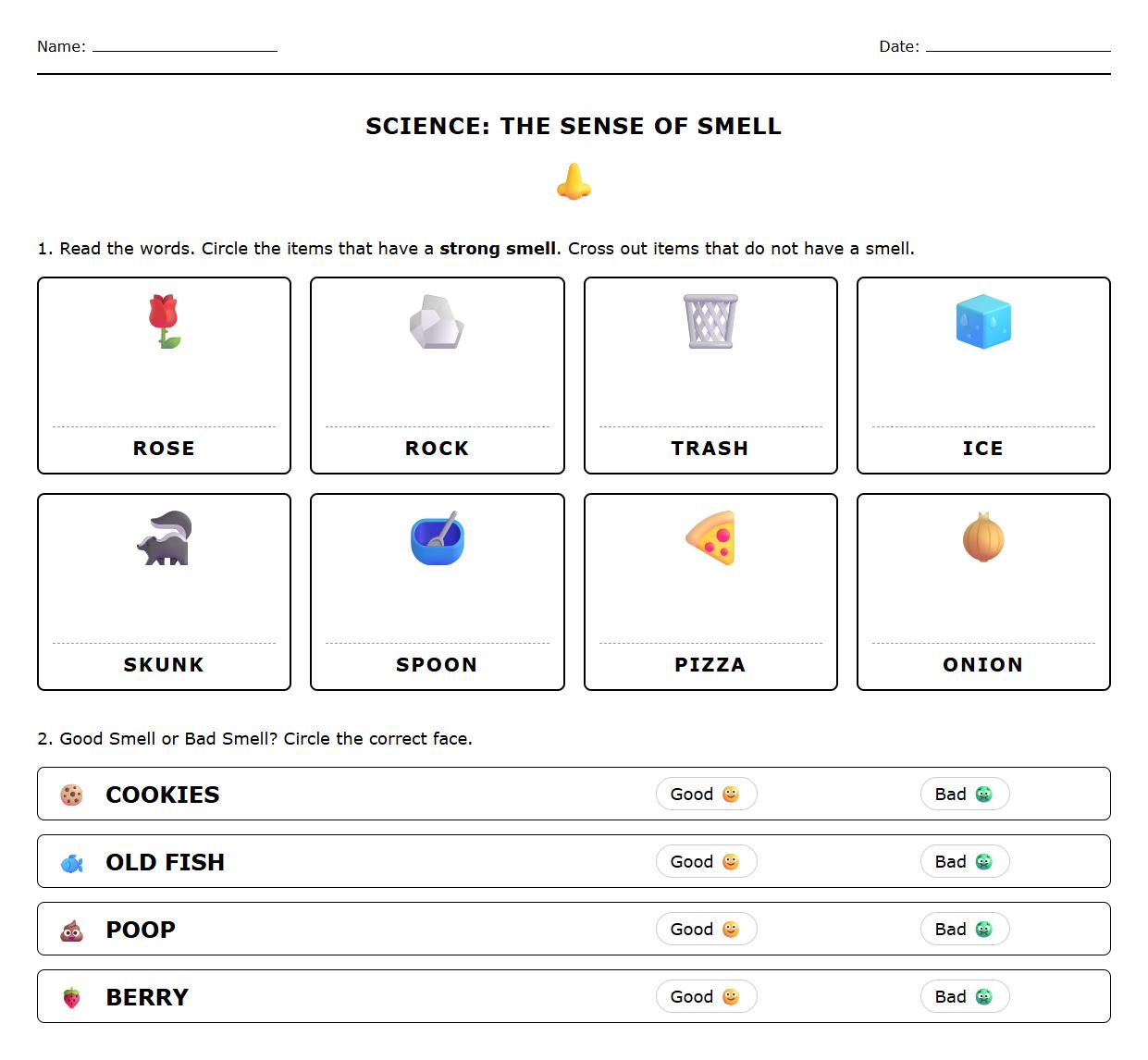 Smell Sensory Word Recognition Worksheet