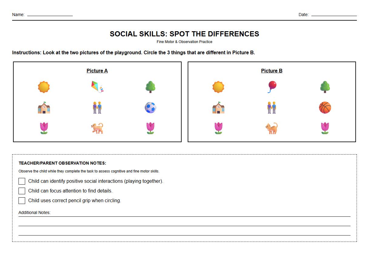 Social Interaction Spot the Difference Worksheet for Peer Relationship Observation