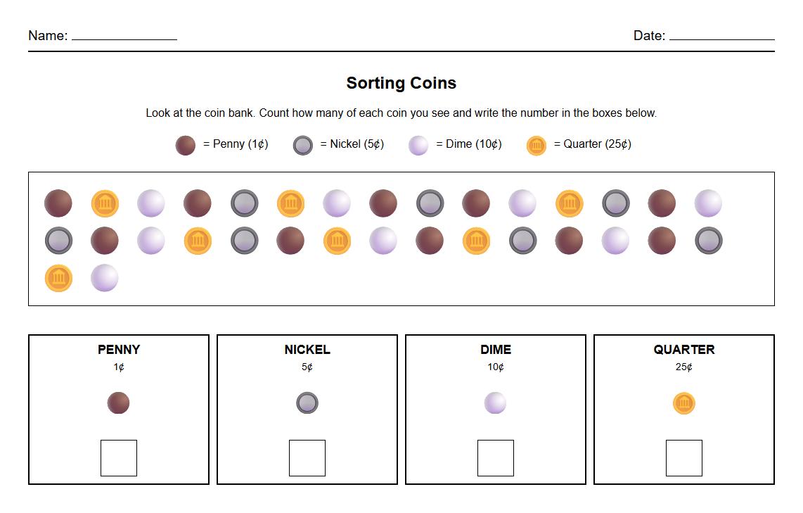 Sorting Coins by Denomination Worksheet