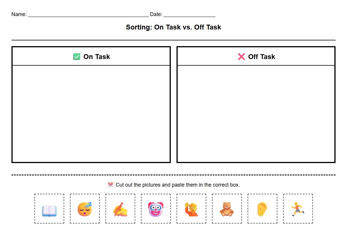 Sorting worksheet for identifying on task vs off task actions through images