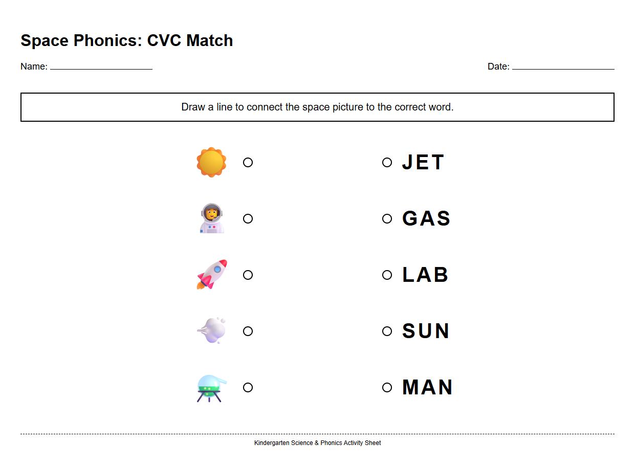 Space Themed CVC Words Phonics Matching Worksheet