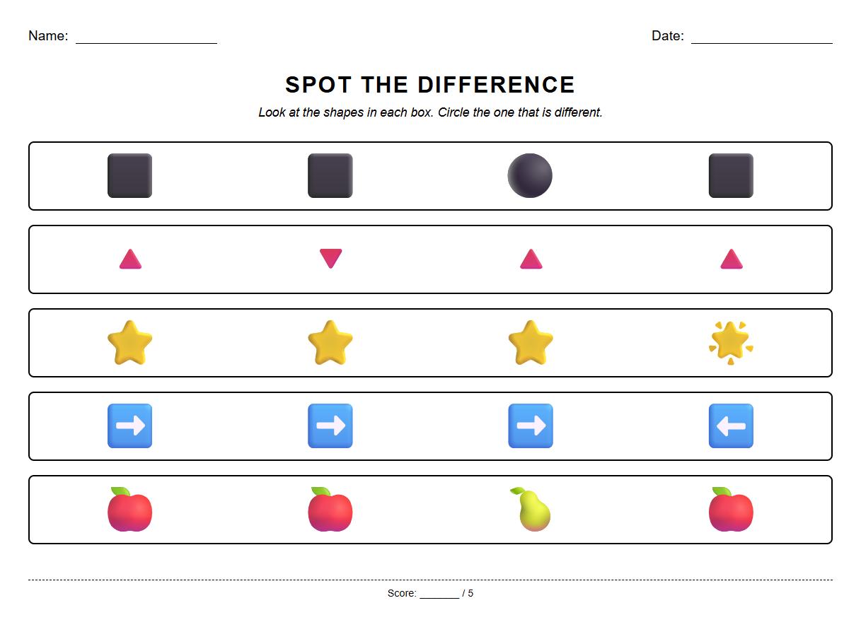 Spatial Reasoning Worksheet with Simple Shape Differences