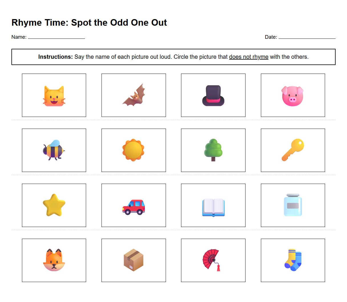 Spot the Odd One Out Rhyming Worksheet