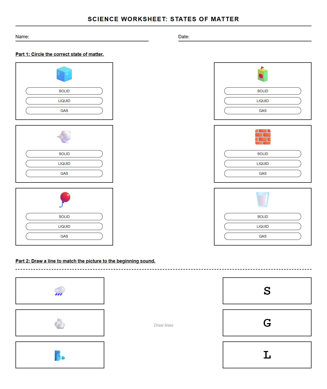 States of Matter Picture Classification and Phonics Matching