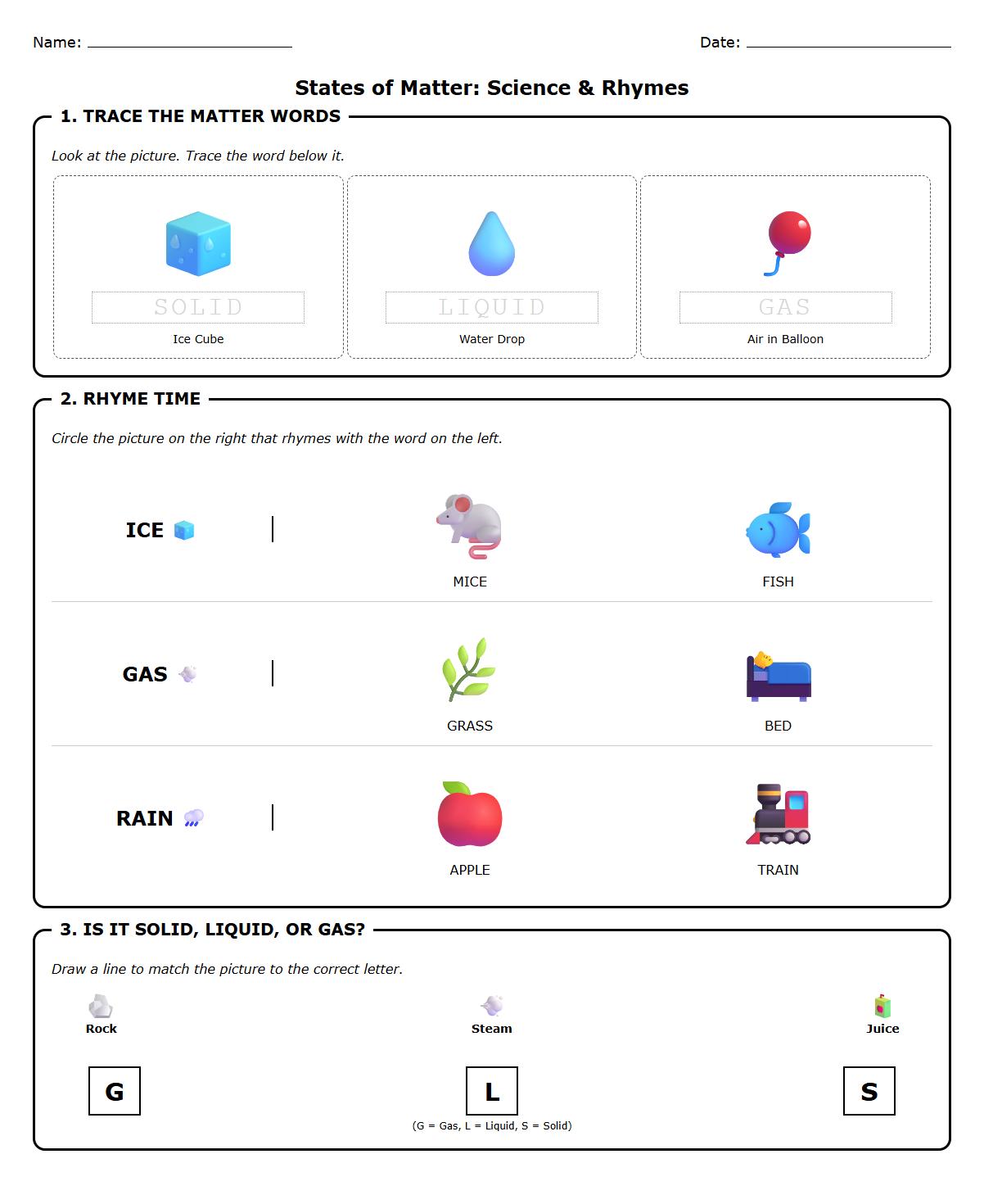 States of Matter Vocabulary and Rhyming Words Worksheet