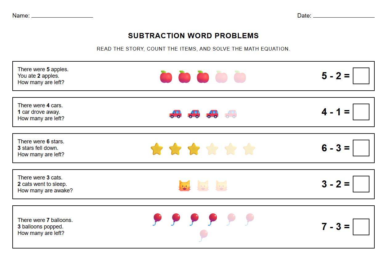 Subtraction Word Problems with Illustrations