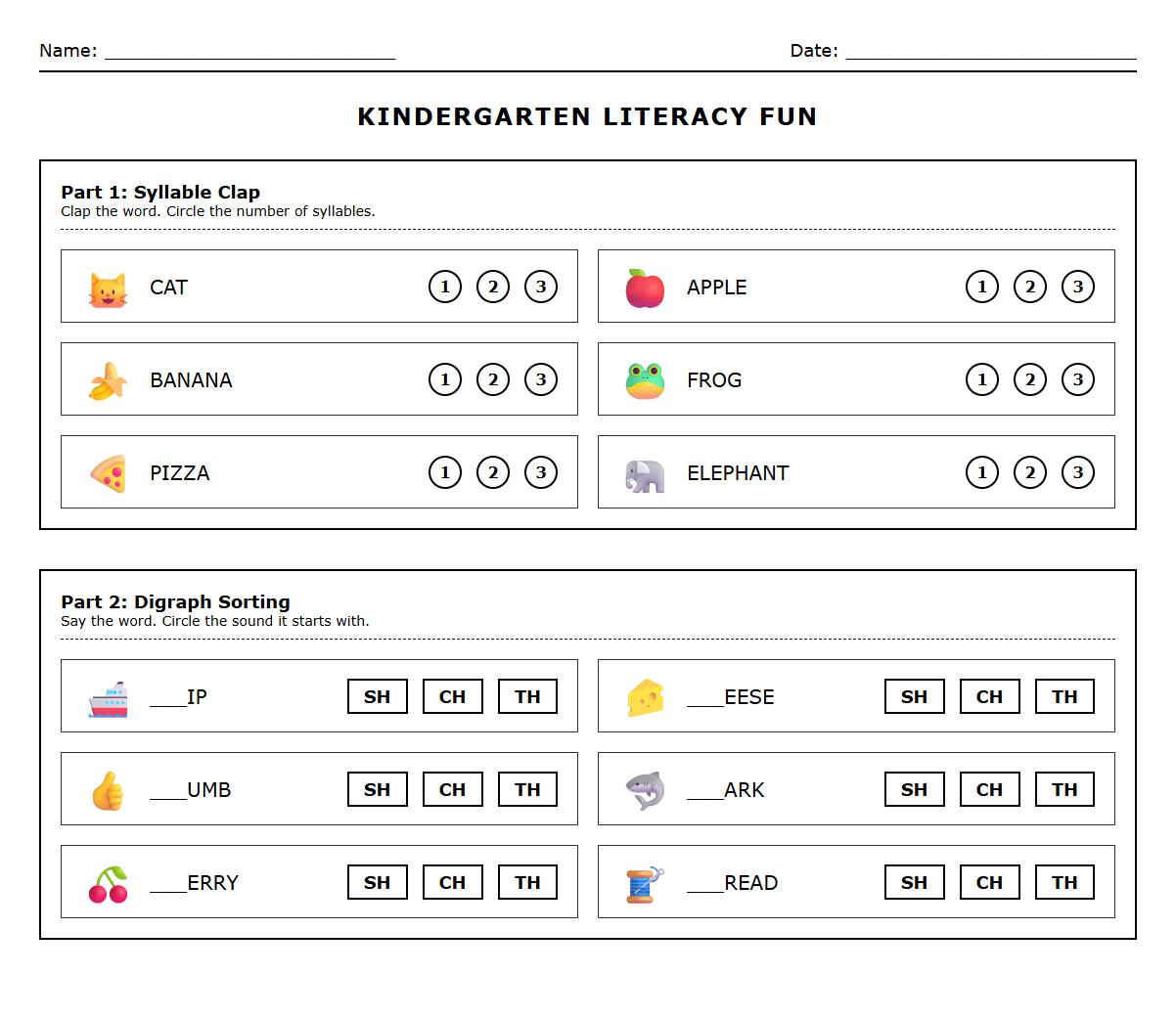 Syllable Count and Digraph Sorting Worksheet