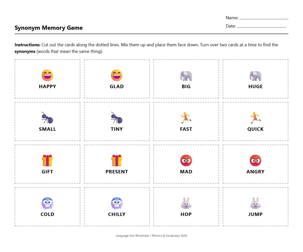 Synonym Memory Game Activity for Phonics Skills