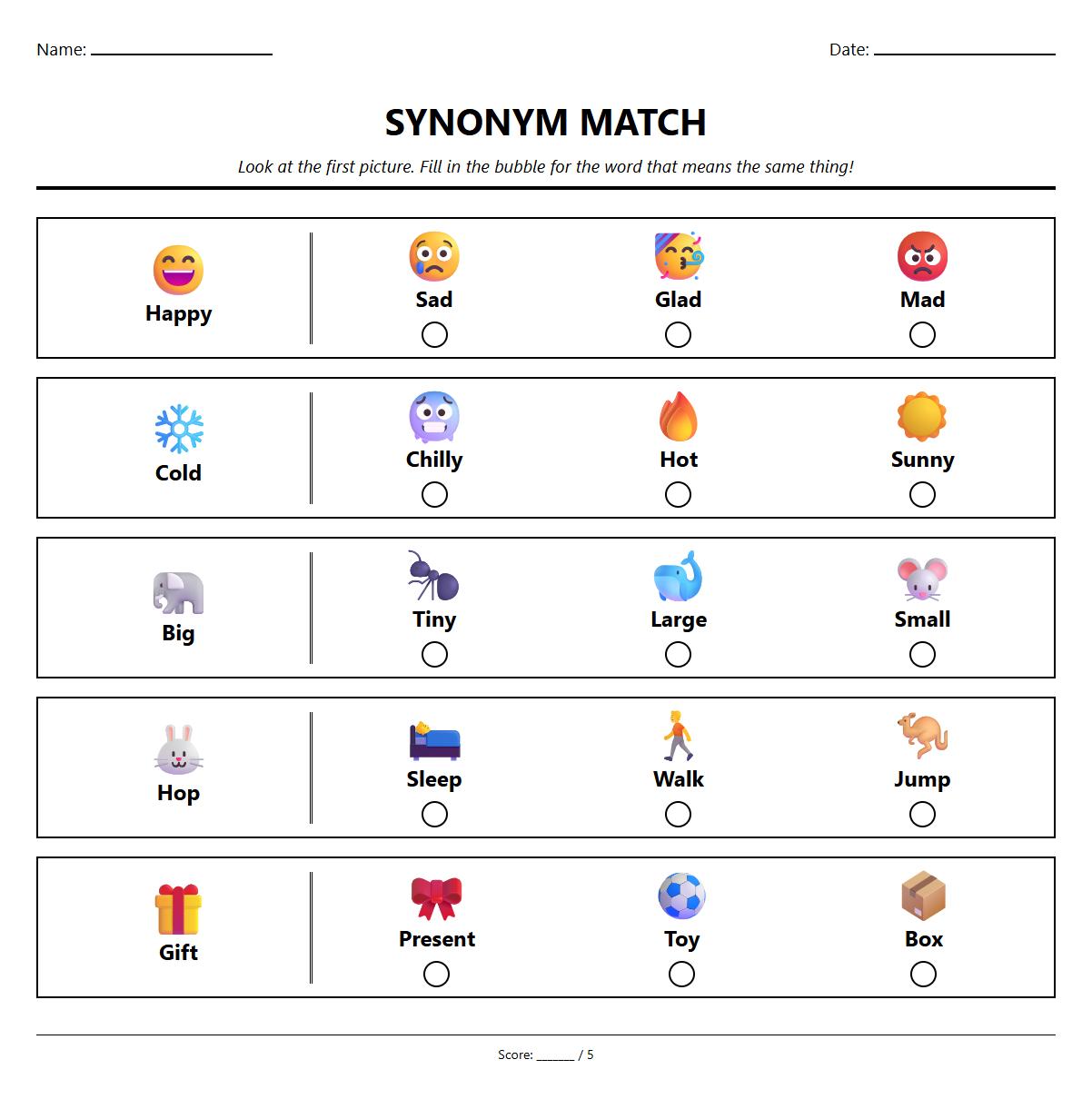 Synonym Multiple Choice Worksheets for Vocabulary Expansion