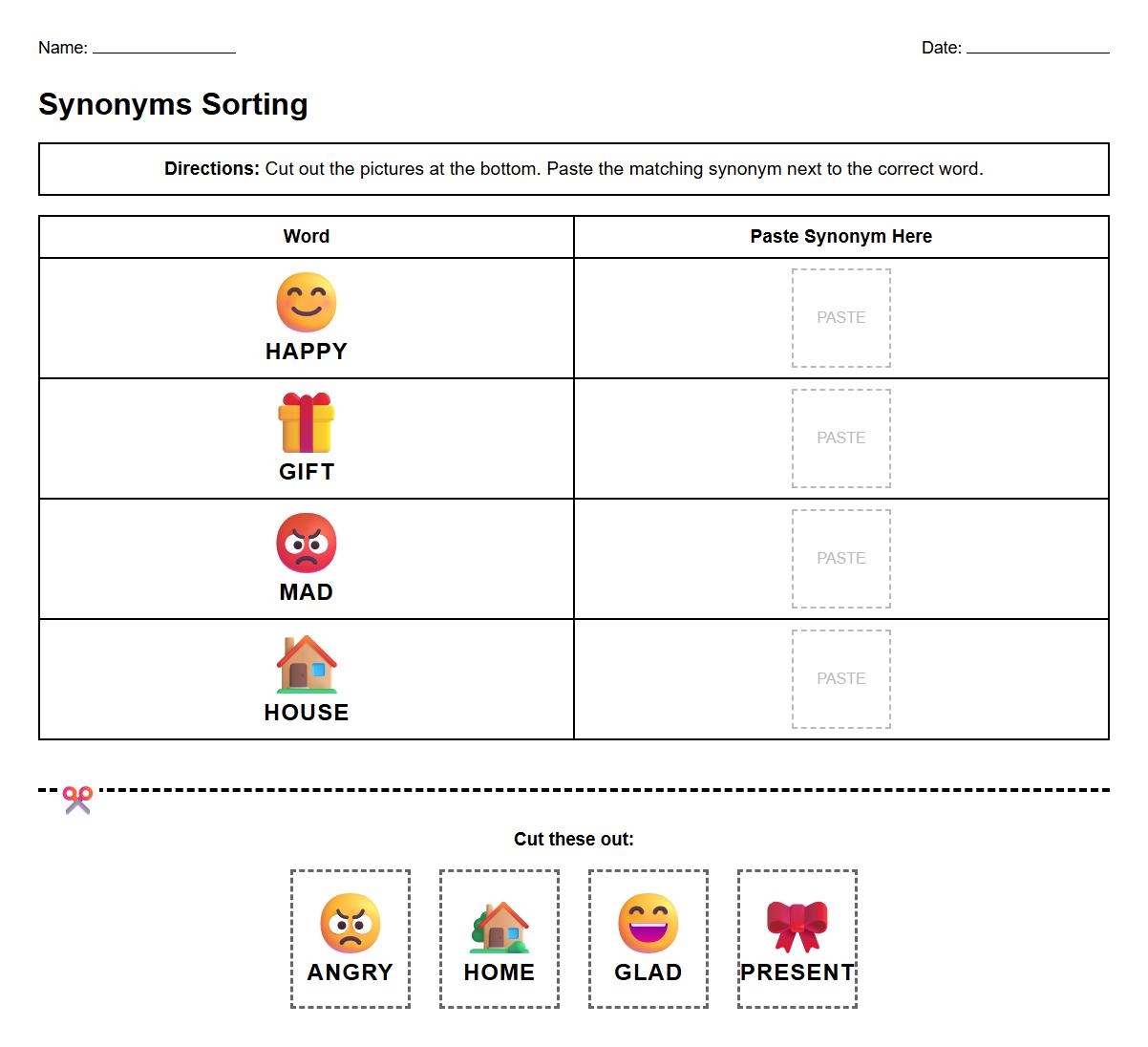Synonyms Picture Sorting Activity