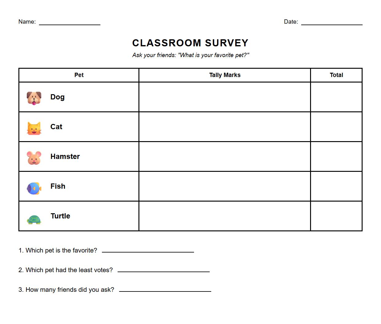 Tally Chart Worksheet for Classroom Survey