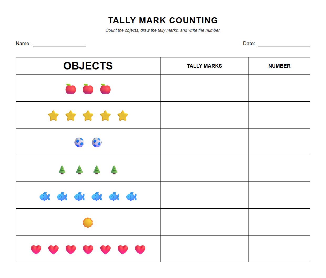 Tally Mark Counting Sheet for Number Recognition