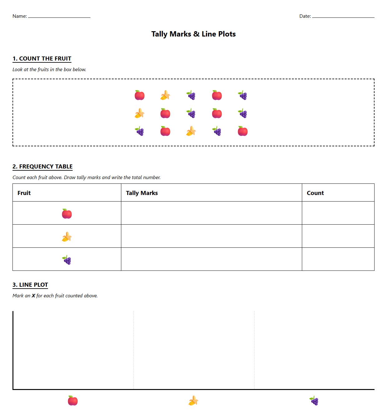Tally Mark Frequency Table and Line Plot Worksheet