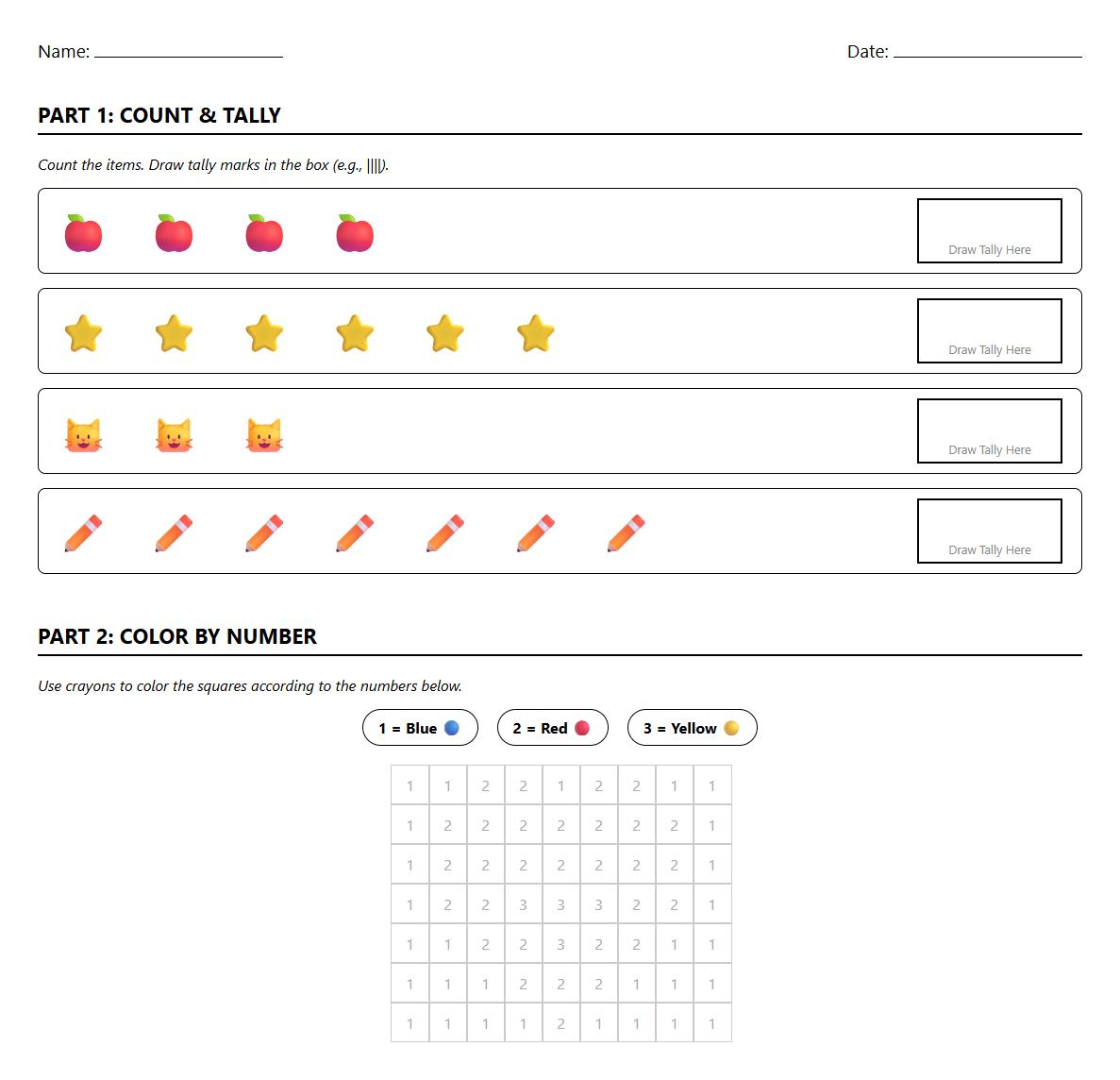 Tally Marks and Color by Number Practice