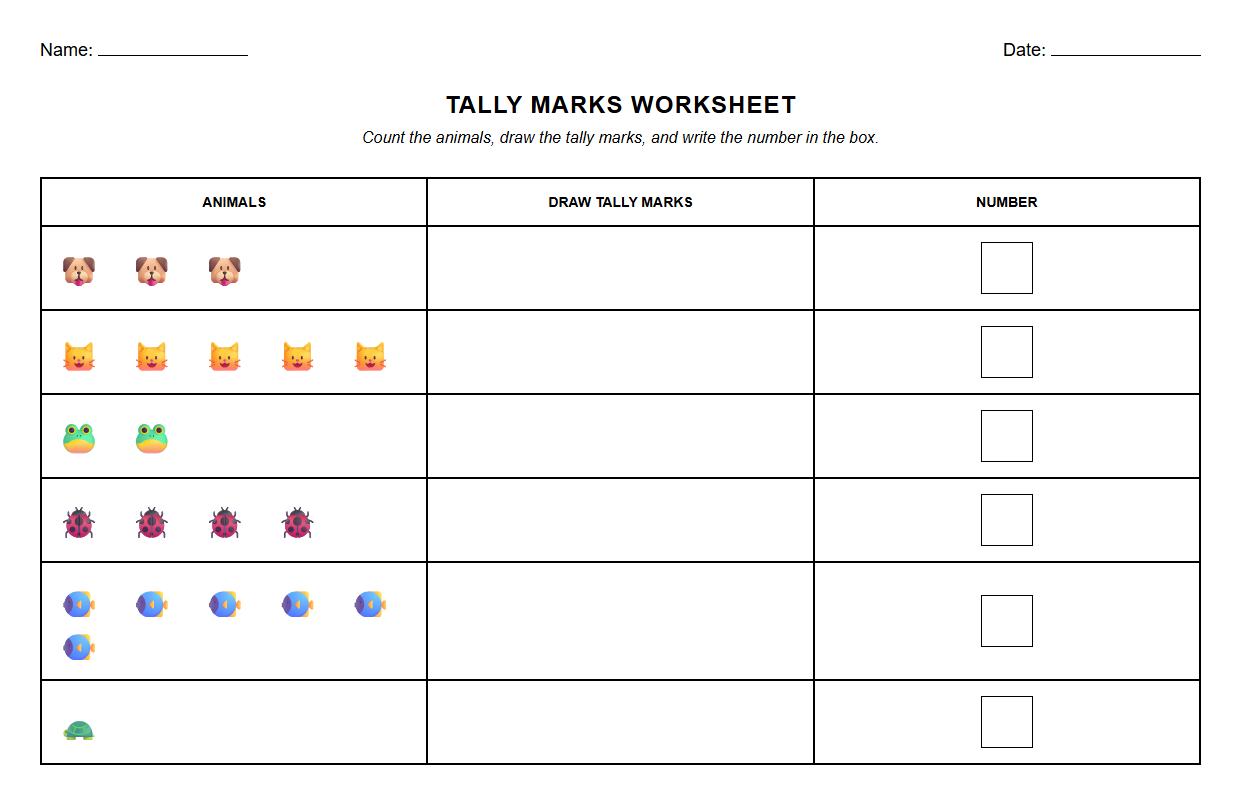 Tally Marks Counting with Animal Images Worksheet