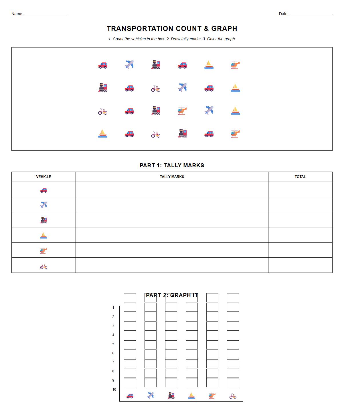 Tally Marks and Graphing with Transportation Icons Sheet