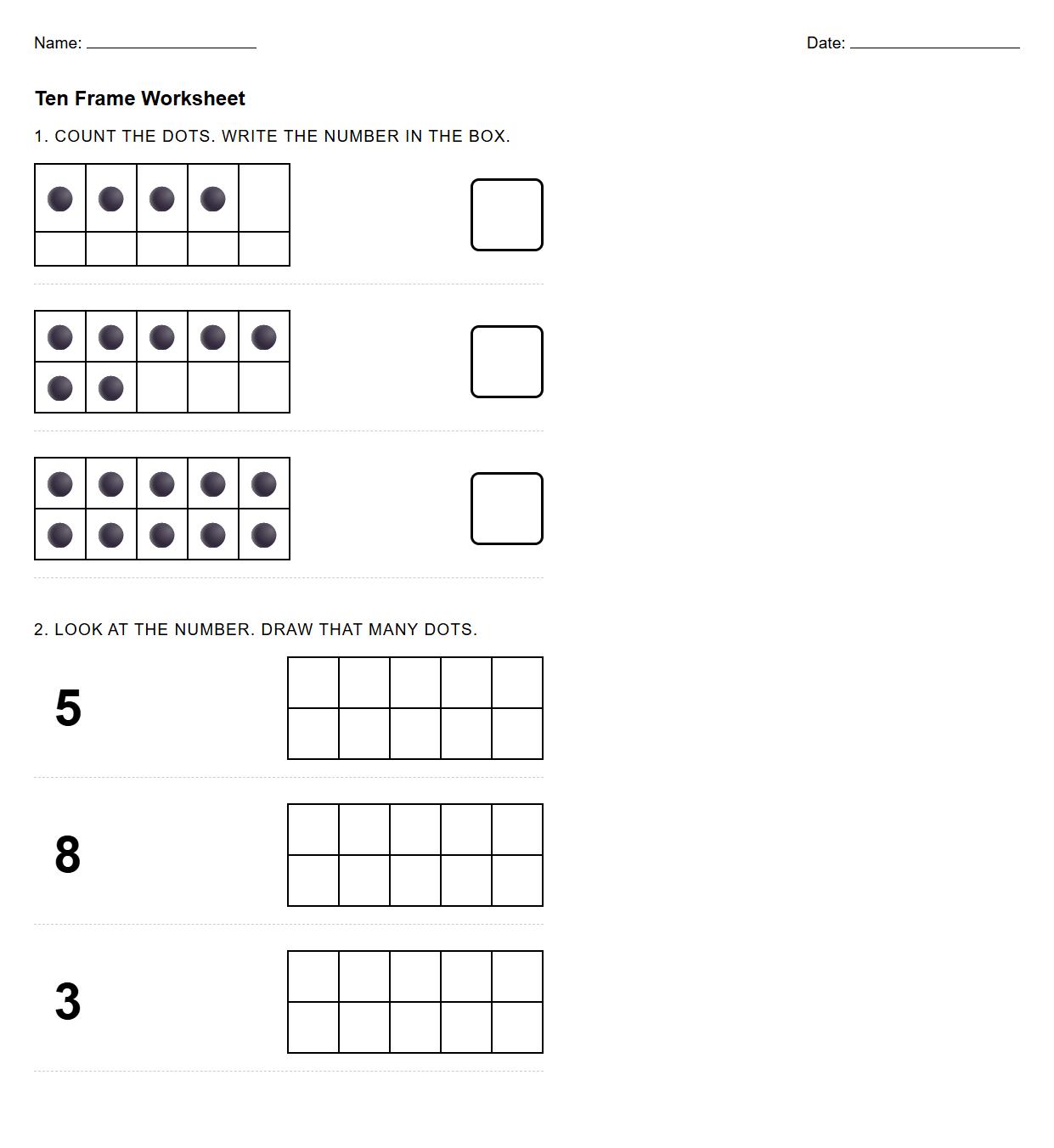 Ten Frame Counting and Quantity Recognition Worksheet