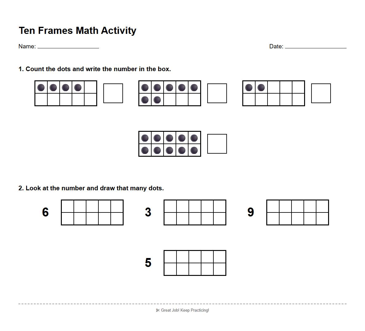 Ten Frames Activity worksheet for Early Numeracy Building