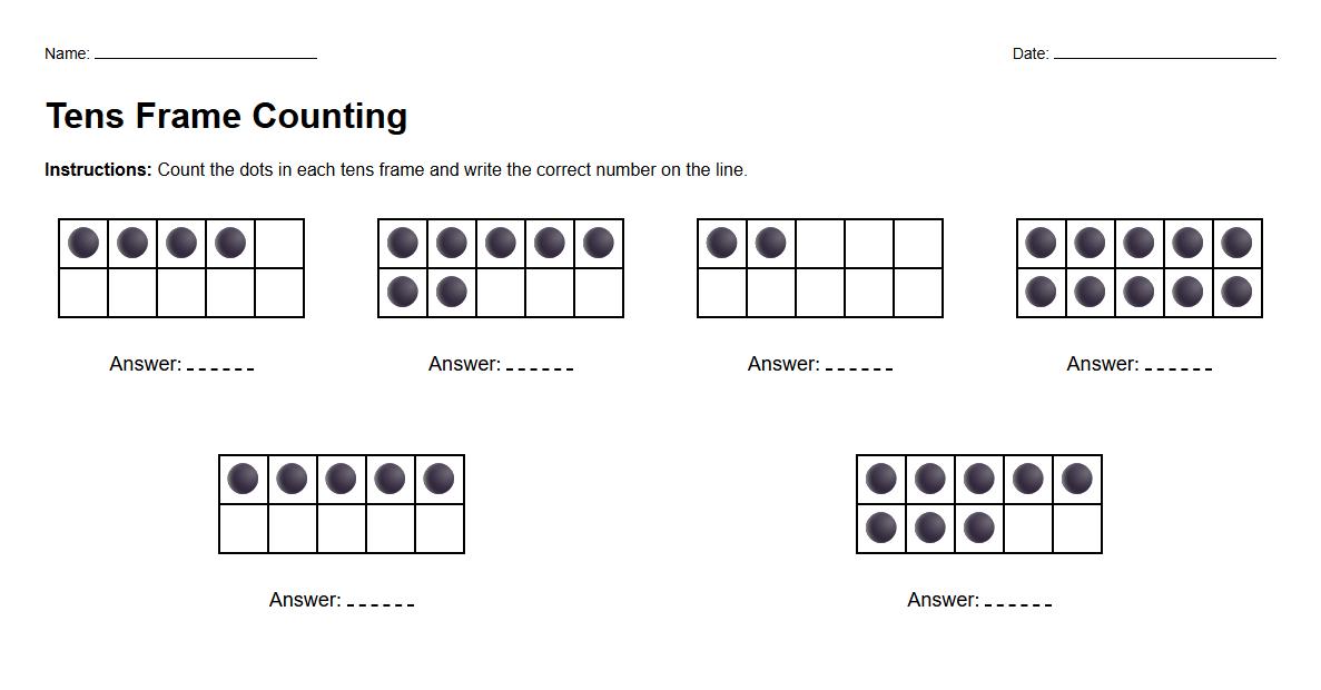 Tens Frame Number Identification Exercises