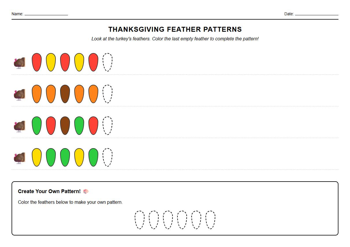 Thanksgiving Turkey Feather Color Pattern Activity