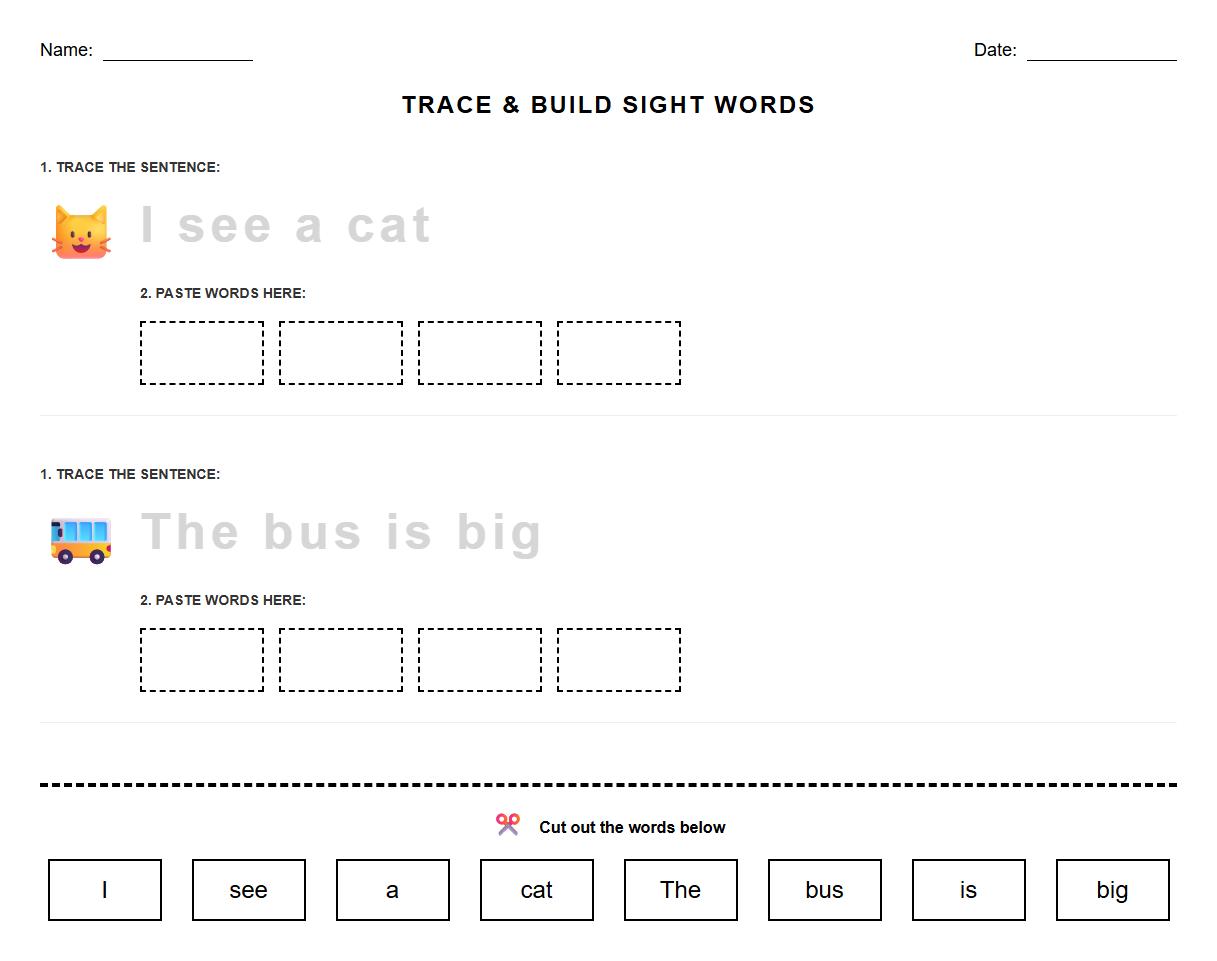 Trace and Build Sight Word Sentences Worksheet