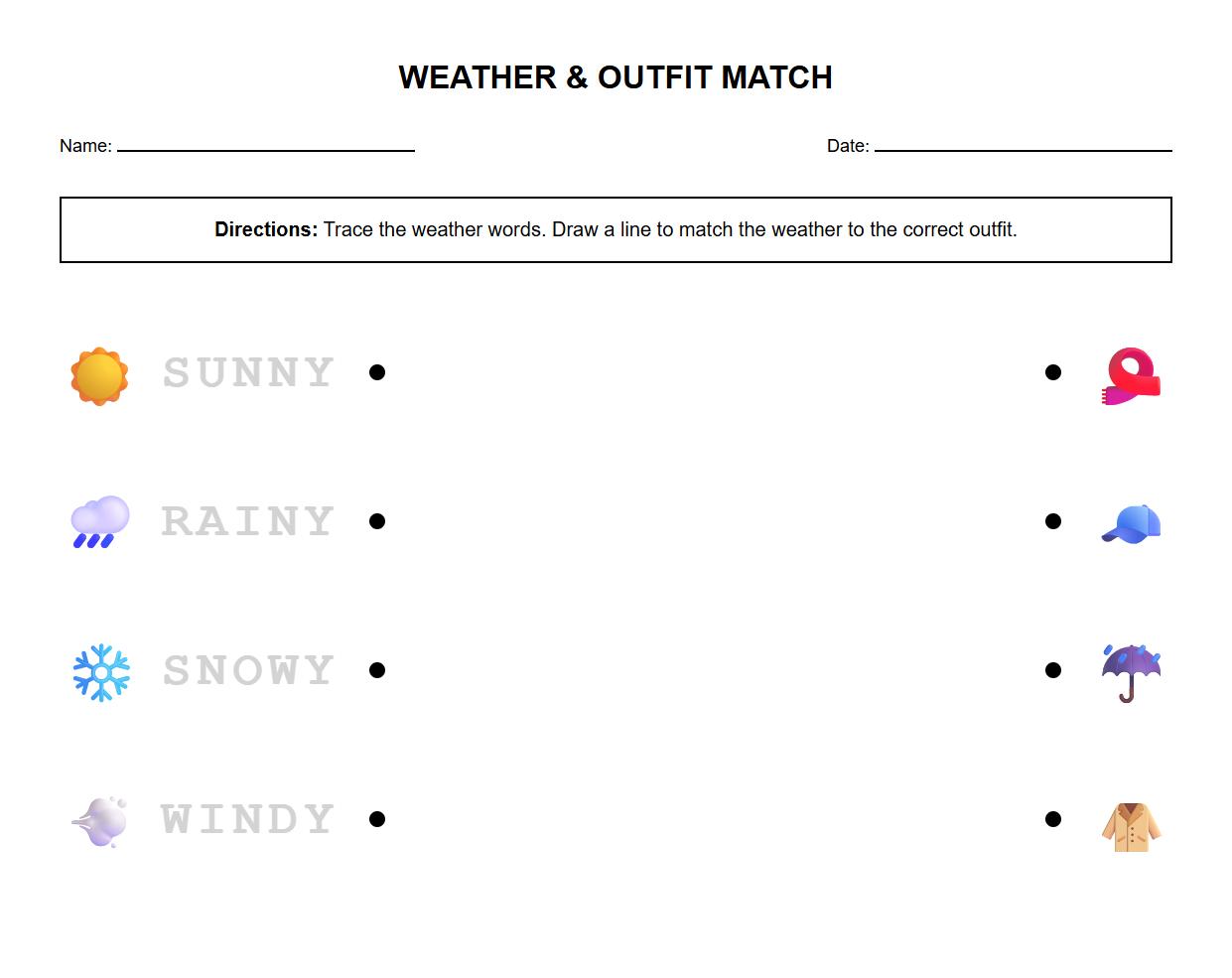 Trace and Match Worksheet Weather Words and Proper Outfit Choices