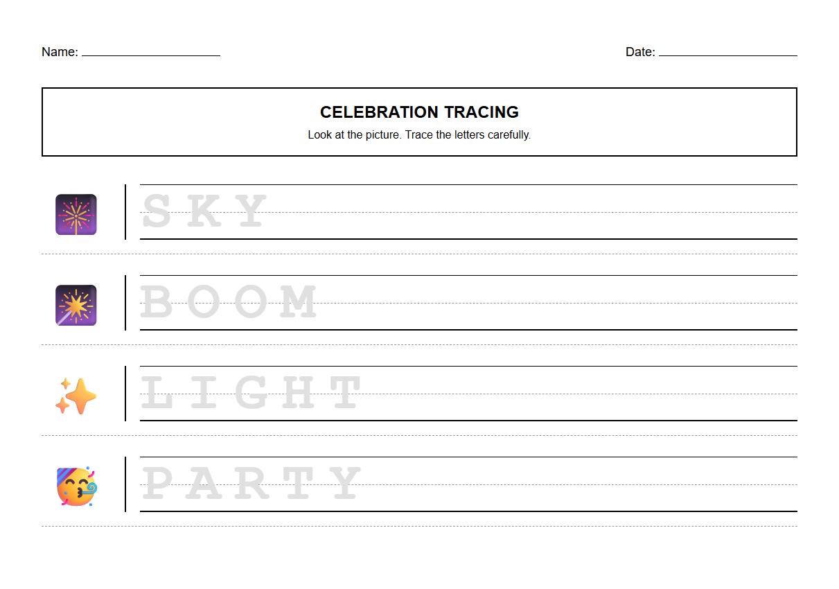 Tracing Letters Worksheet with Fireworks Celebration Motif