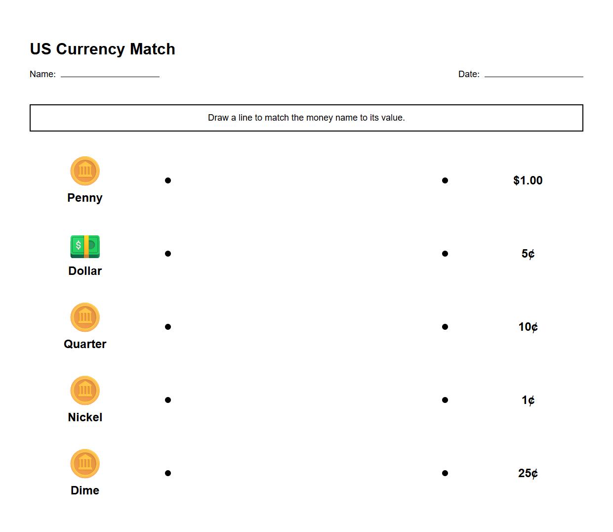 United States Currency Symbol Association Worksheet