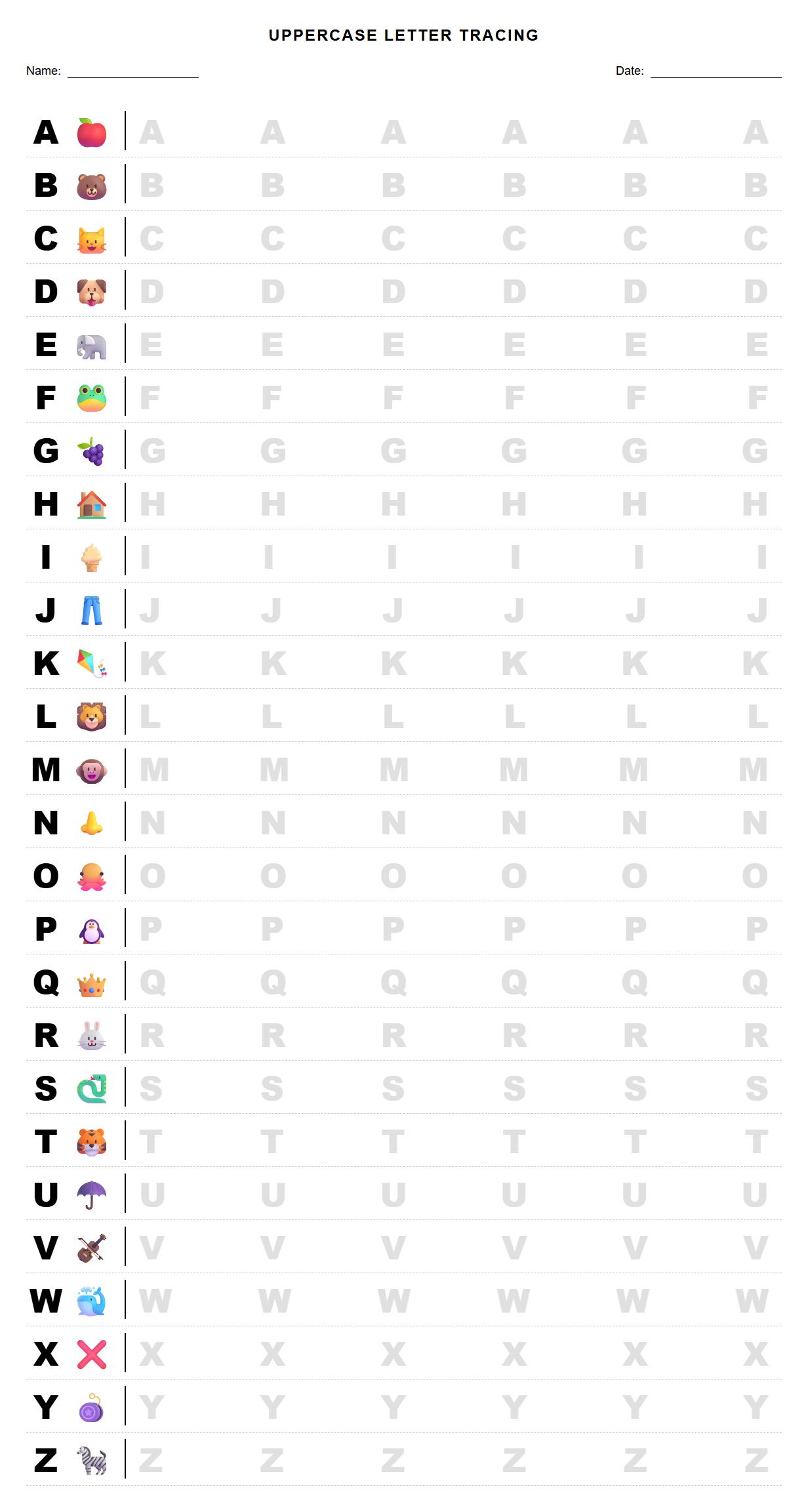 Uppercase Letter Tracing Worksheet with Phonics Image Cues