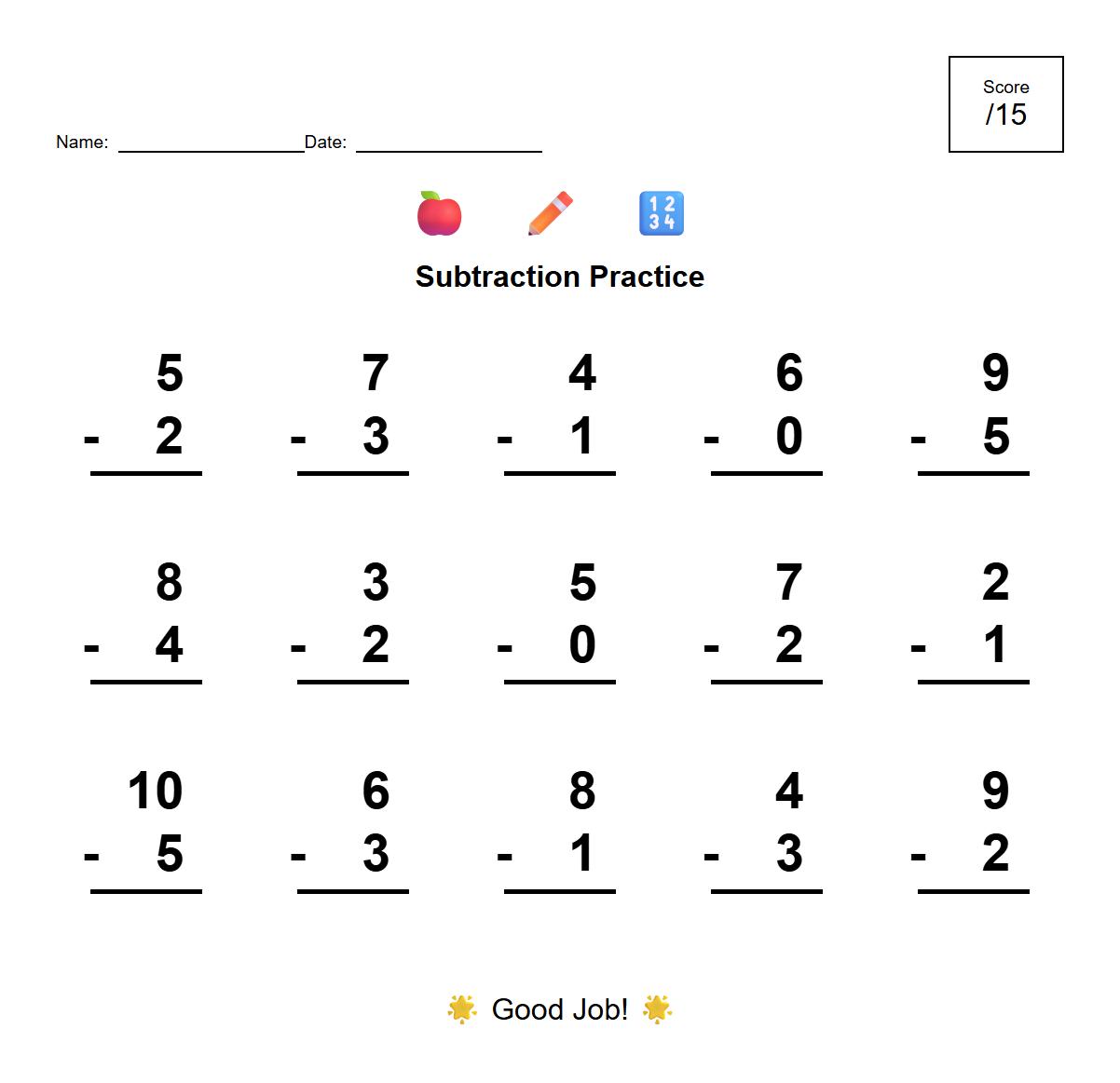 Vertical Subtraction Facts Practice Sheet