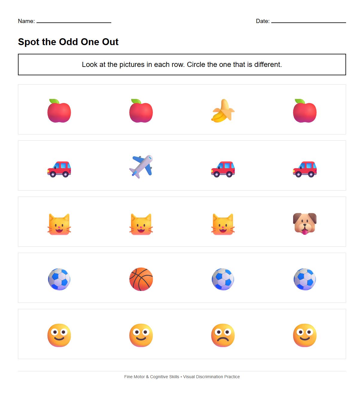 Visual Discrimination Matching Worksheet for Spot the Odd One Out