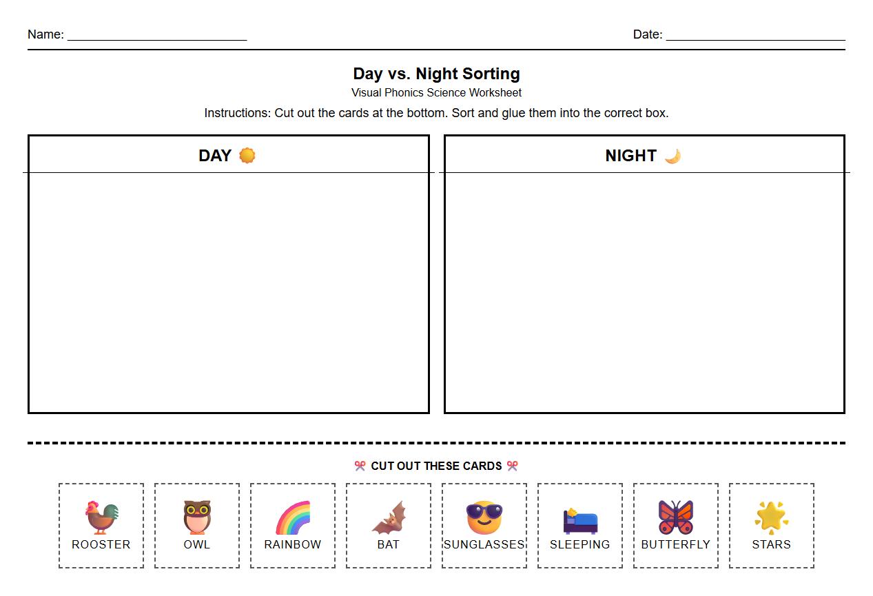 Visual Phonics Cue Card Sorting: Day vs Night Worksheet