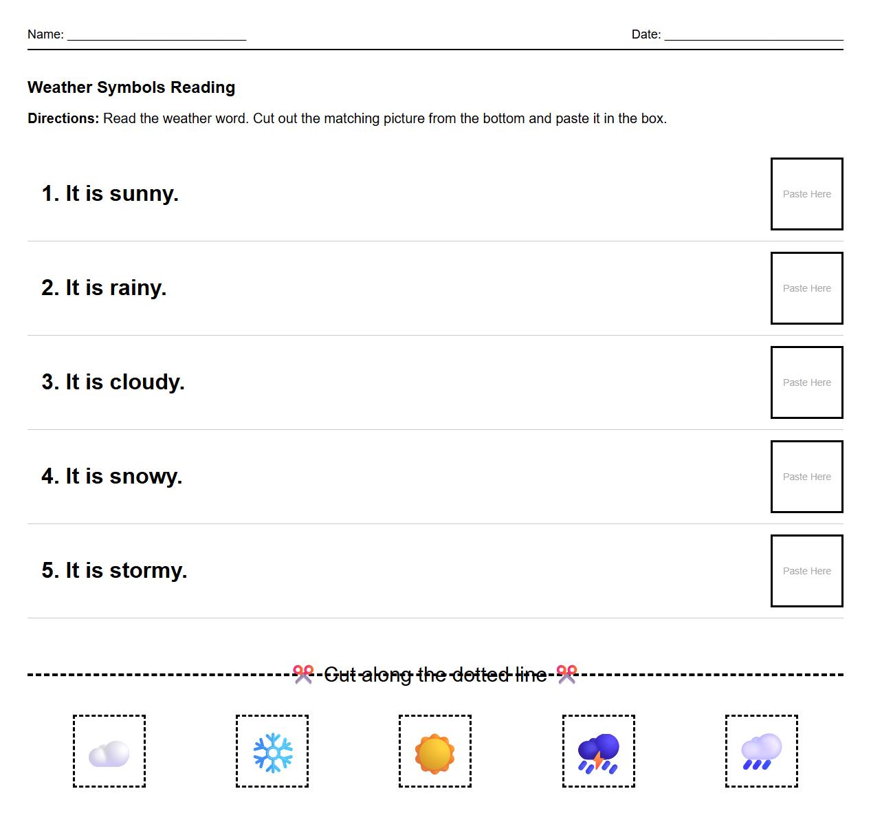 Weather Symbols Cut and Paste Reading Comprehension Worksheet