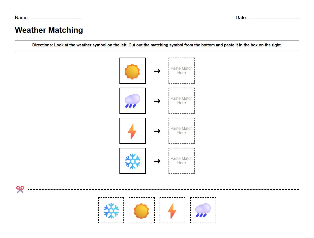 Weather Symbols Visual Discrimination Cut and Paste Worksheet