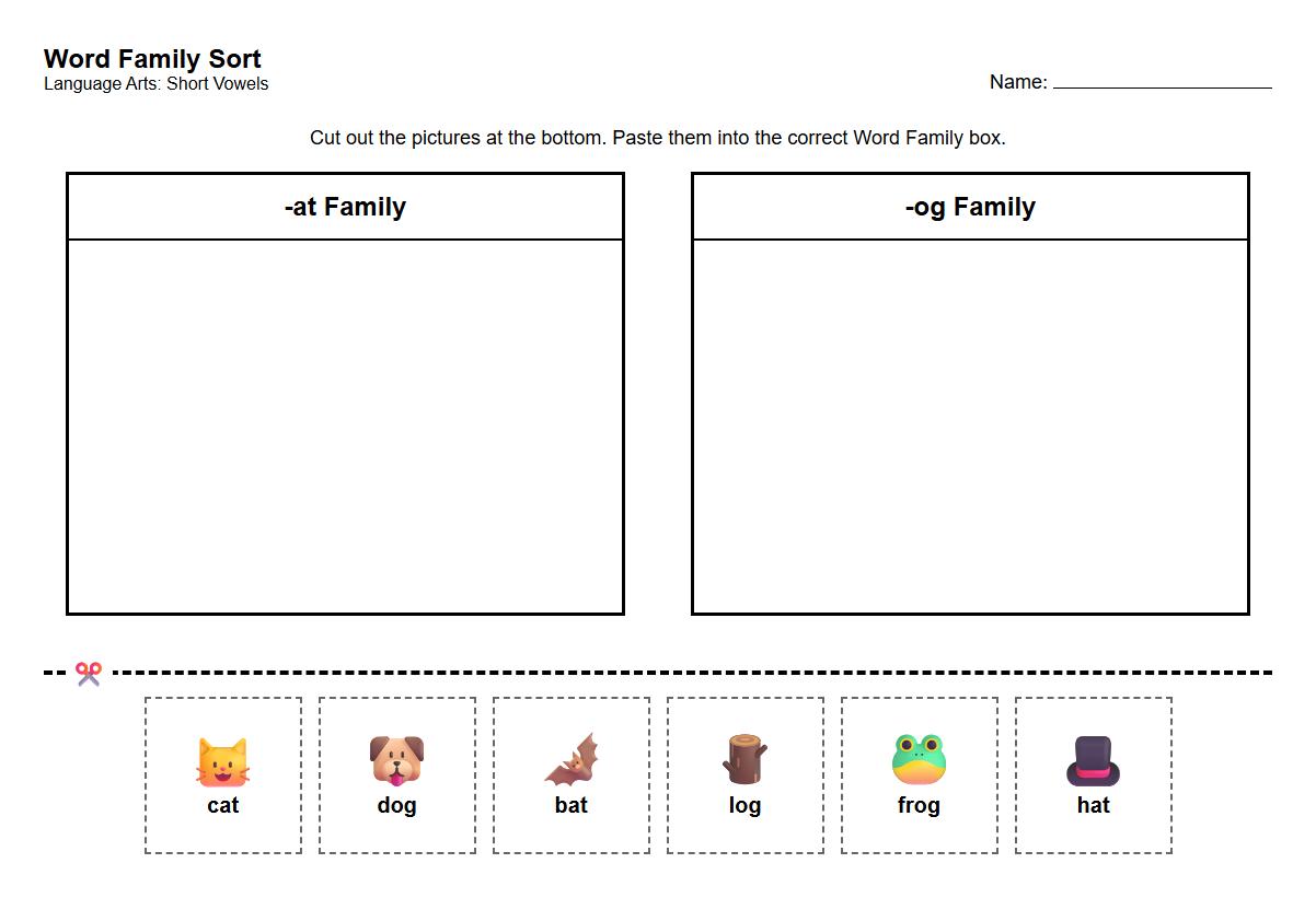 Word Family Cut and Paste Short Vowel Worksheet