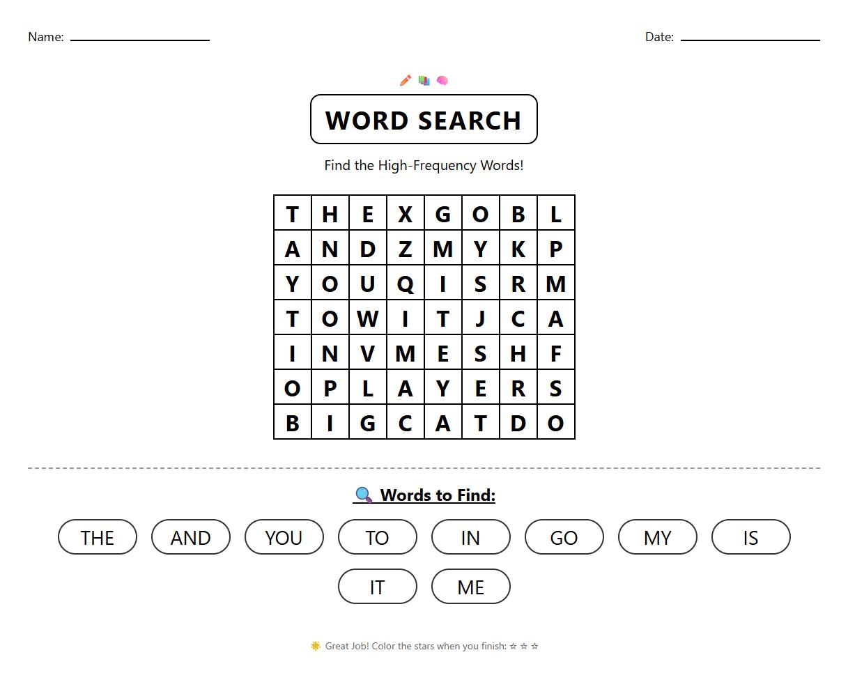 Word Search Puzzle with Common High-Frequency Words