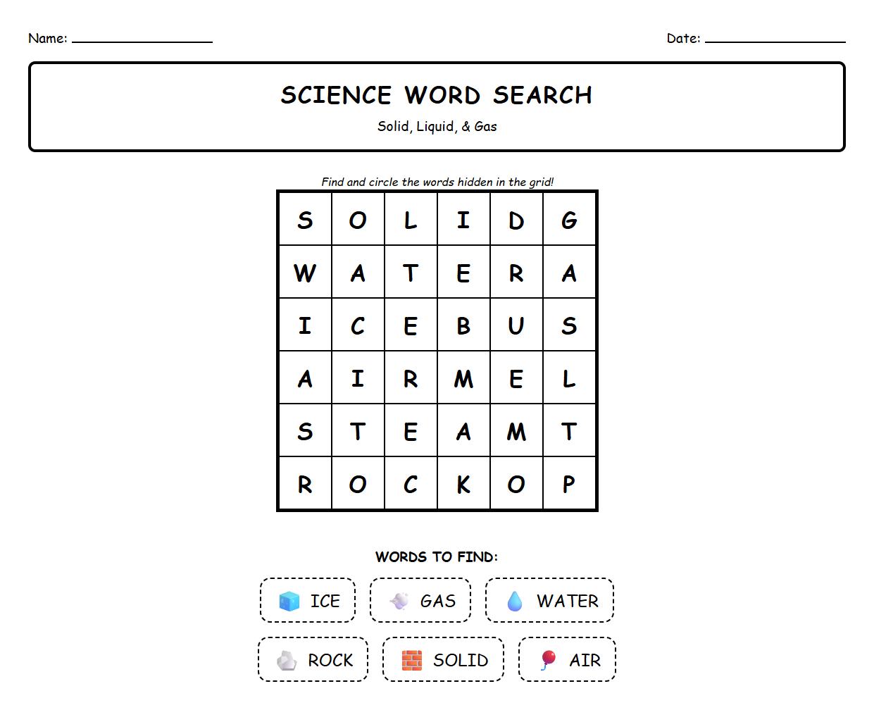 Word Search Puzzle featuring Solid Liquid Gas Terms