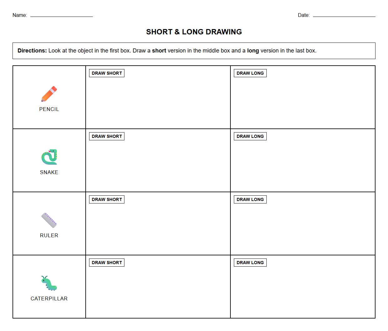 Worksheet for Drawing Short and Long Versions of Everyday Objects